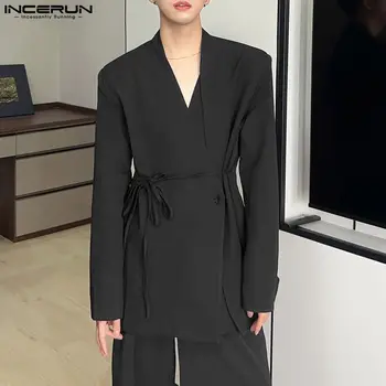 INCERUN felsők 2023 Koreai stílusú új férfi laza egyszerű pántoló dupla mellű öltönykabátok Gallér nélküli hosszú ujjú blézer S-5XL