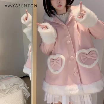 Japán édes Lolita szőrme gallér Nyúlfülek kapucnis gyapjúkabátok nőknek Téli Kawaii íj szerelmi zseb laza vékony JK kabátok