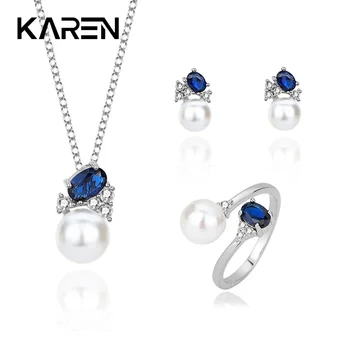 KAREN S925 Sterling ezüst gyöngy zafír divat trend nyaklánc gyűrű fülbevaló szett Valentin-napi ajándék női ékszerek