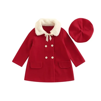 Karácsonyi gyerekek téli ruhája, kontrasztos színű szőrme gallér hosszú ujjú gyapjúruha gombokkal+ Kalap lányoknak, piros, 3-7 éves