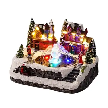Karácsonyi téli jelenet Falusi ház Zenélő szökőkút USB akkumulátoros hó