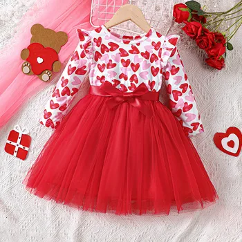 Kids Hearts Print ruhák lányoknak 1-5Y patchwork tüll hercegnő ruha party esti tutu ruha őszi téli gyermekruhák