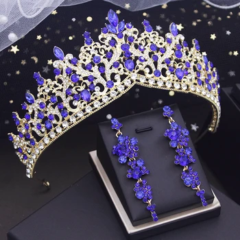 Királyi királynő menyasszonyi korona szettek kék strassz tiarák és koronák fülbevaló készlet esküvői ruha hajékszer kiegészítők