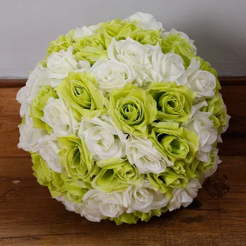 Kiváló minőség 8''20cm Kétszínű virággömb bézs+világoszöld Selyemrózsa csókolózás Pomander Virágbál Esküvői parti kellékek