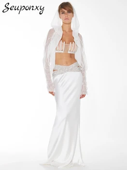 Kiváló minőségű 2023 Új női fehér divatkötés 2 kétrészes szett szexi luxus gyémánthálós top+üreges hosszú szoknya party szett