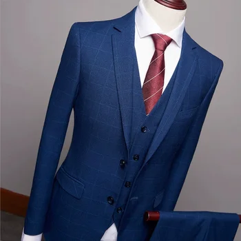 Kiváló minőségű férfi kockás (öltöny + mellény + nadrág) esküvői szett A divat koreai változata Jóképű karcsú üzleti háromrészes szett