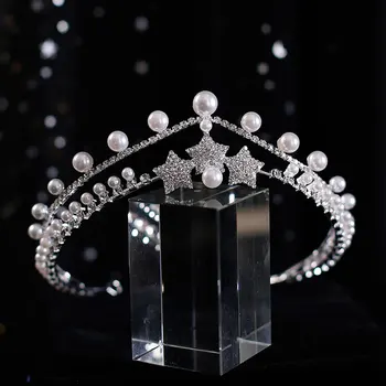 KMVEXO Luxus ezüst színű kristály gyöngyök Menyasszonyi tiaras korona strassz csillag szépségverseny diadém fejpántok esküvői haj kiegészítők