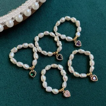 Koreai divat természetes édesvízi gyöngygyűrűk nőknek Luxus kristályszív charm Barokk gyöngyök gyöngyös gyűrűk csuklópántok