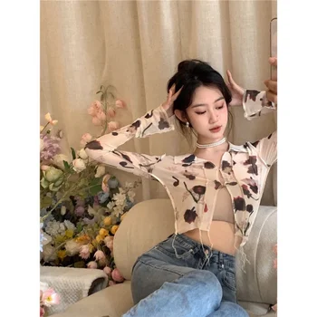 koreai divatos nyugati nyomtatás képernyő géz exponált köldök rövid kardigán ing női vékony vékony fényvédő hosszú ujjú ing