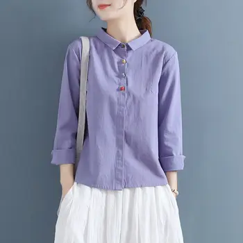 koreai nyári női ing gomb retro póló gallér tömör pamutvászon hosszú ujjú ing női kardigán ing