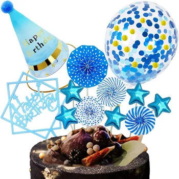 Kék arany lufi születésnapi torta dekorációk csillagok flitteres konfetti baloon Happy Boy születésnapi zsúr kellékek Kids Favor torta feltétje