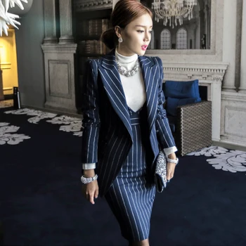 Kék csíkos ruharuhák Női 2 részes készletek Elegáns OL blézer kabát és szoknyák Koreai divathüvelyes ruhák Set Femme Business