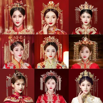 Kínai menyasszonyi korona haj kiegészítők Hagyományos arany Piros menyasszonyi tiaras koronák fejdísz diadém nőknek Hanfu ékszerek