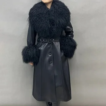 Lady Luxus bőr árokkabát Női divat valódi bőr Mongol juhszőrme hosszú öves ruházat FG6406
