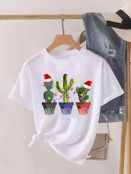 Lady újévi rövid ujjú nyomtatás divat női ing póló felső kaktusz növény trend 90-es évek karácsonyi ruházat ruhák grafikus póló