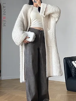 LANMREM Koreai stílusú kötött hosszú kardigán női laza egyszínű zsebek pulóverkabát divat 2023 ősz új ruházat 2AA3675