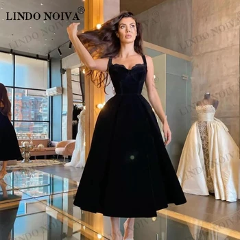 LINDO NOIVA Fekete Velúr rövid estélyi partiruhák Egyszerű Halter Prom ruha Tea hossza 2023 Különleges alkalmi ruhák Plus Size