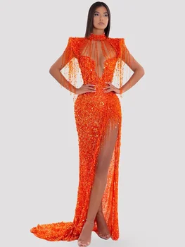 Luxus báli ruhák Nők Elegáns narancssárga garbó Peal gyöngyfűző Csillogó csillogó nyitott szárú Maxi hosszú születésnapi zsúrruhák
