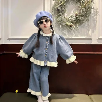 Lány kabát +nadrág gyerek öltöny 2db/szett pamut 2024 kék tavasz ősz pamut formális sport tinédzserek gyermek ruházat