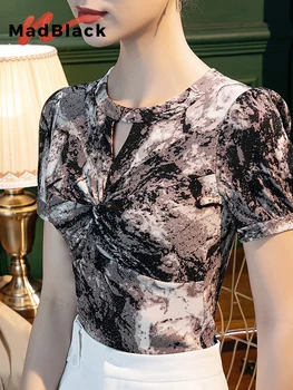 MadBlack Summer Európai ruha pólók Nők Szexi Fényes Lurex Nyomtatás Vékony felsők Rövid puffos ujjú Rugalmas pólók Új T36357JC