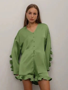 Marthaqiqi alkalmi női hálóruha öltöny szexi V-nyakú hálóruha Hosszú ujjú hálóingek fodros szélű rövidnadrág Bő női pizsama szett