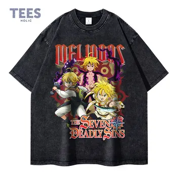 Meliodas póló Túlméretezett vintage mosott anime A hét halálos bűn Pólók Streetwear Retro Manga felsők Pólók Férfiak 100% pamut