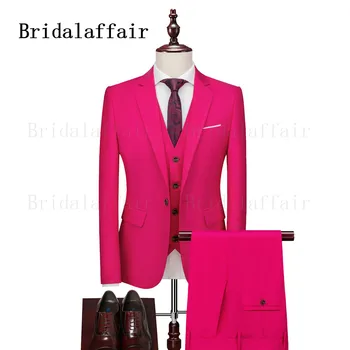 Menyasszonyi férfi rózsaszín öltöny vőlegény esküvői viselet Tuxedo Slim Fit Notch hajtóka formális öltöny férfiaknak 3 részes blézer mellény nadrág szett