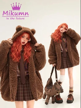 Mikumn Harajuku Y2k Aranyos medvefülek bárány gyapjú kabát női téli puha sűrített meleg kapucnis kabát női alkalmi felsőruházat