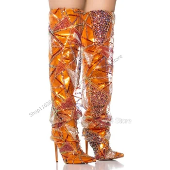 narancssárga geometriai nyomat strassz dekoráció hegyes orrú csizma csúszik a női cipőn vékony magas sarkú cipő divat 2023 zapatos para mujere