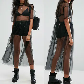 New Fashion Women Sexy Black átlátszó hálós hosszú felsők Ladies Summer Short Sleeve Sheer Tulle Lace Long P Hirt