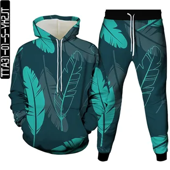New Feather Weed Leaf Totem Print Férfi alkalmi tréningruhák Női 2 részes készlet Őszi streetwear kapucnis pulóver+Jogger nadrág Öltönyök S-6XL méret