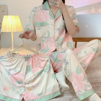 Nyár Új háromrészes pizsama Női Cardigan dupla rövid+nadrág Otthoni ruha Pamut utánzat Egyszerű aranyos öltöny hajtóka vékony