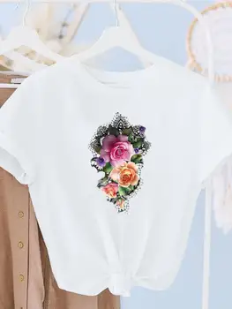 Nyári rövid ujjú T felső nyomat Női rajzfilm Édes virág Virágos aranyos trend ing Női pólók Divatruházat Grafikai póló