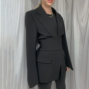 Női 2023 tavasz Fashion Blazer Slim Fit Business Blazer és új nyakkendős derékdzseki Retro Khaki fekete női kardigán felsők