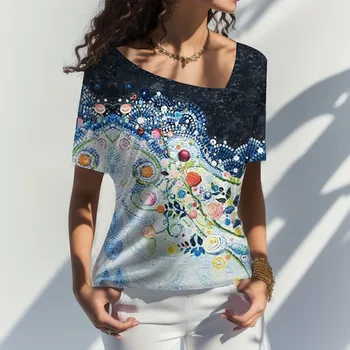 Női alkalmi rövid ujjú póló pillangómintával Divatos virág tömör ingek slim fit 3D nyomtatás Camisa pulóverek