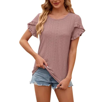 Női divat alkalmi egyszínű sziromujjú rövid ujjú póló Top olcsó női ruházat és ingyenes szállítási ajánlatok