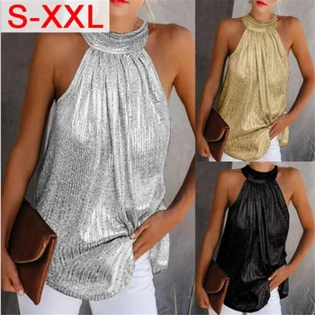Női divat Shiny Halter nyak Tank felsők Mellény Ladies Summer Casual Egyszínű ujjatlan póló blúz Fekete arany Ezüst