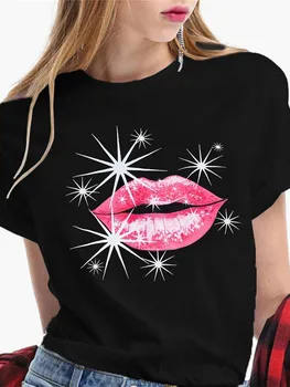 Női felsők szexi fekete szájjal nyomtatott pólók vicces nyári rövid ujjú női puha póló ajkak akvarell grafikus póló felső