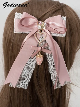 Női hajcsipesz strassz gyöngy masni hajtű csipke barretták Japán Lolita hajkiegészítők lányoknak Sweet Girl oldalsó klip