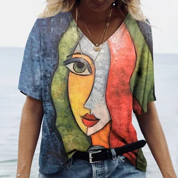 Női póló Absztrakt művészet Arcnyomtatás Lány ruházat 3D túlméretezett klasszikus rövid ujjú felsők női divat alkalmi utcai ruházat