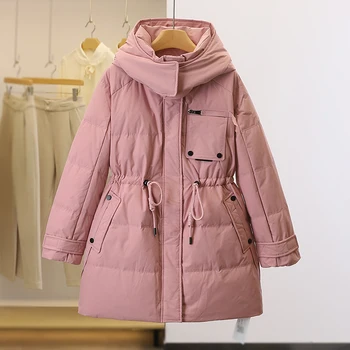 Női télikabát hosszú, vastag, párnázott kabát szőrme kapucnis kabát rózsaszín