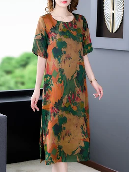 Női virágos selyem rövid ujjú laza derék midi ruha Nyári divat elegáns alkalmi ruha 2023 koreai vintage party éjszakai ruha