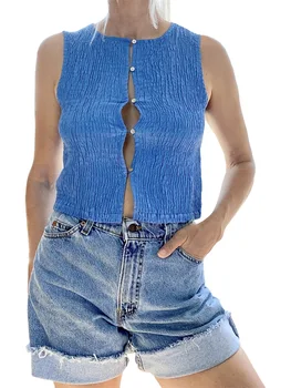 Nők Vintage ujjatlan nyitott első textúra tartály felső Racerback gomb cső Crop Top nyári Y2k felsők utcai ruházat