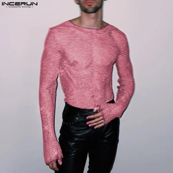 Party Nightclub stílus Új férfiak szexi vékony hálós Camiseta stílusos átlátszó O-nyakú csillogó hosszú ujjú pólók S-5XL INCERUN 2023