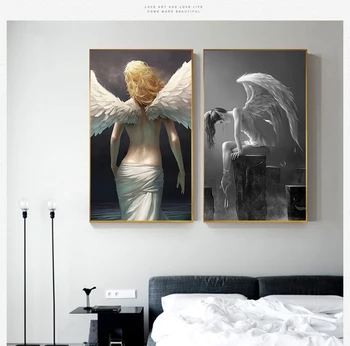 Plakátok és nyomatok vászonra Lakberendezés festés Nappali poszter festés Ördög és angyal festés Szürke karakter szárnyak koponya
