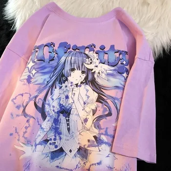 Punk Egirl Aranyos Anime Grafikus Pólók 100% pamut rövid ujjú nyári felsők Női alkalmi O-nyakú póló Hip Hop Kawaii ruhák