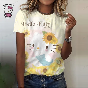 Rajzfilm női pólók Hello Kitty Print pólók Trendy Girl Style rövid ujjú Street Trend O-nyakú felsők Napi laza pulóver