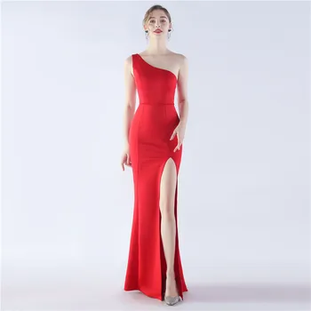 Red Mermaid hosszú estélyi ruha egy váll magas osztott szatén nők Hivatalos ruhák esküvői partira Dropshipping köntös De Soiree