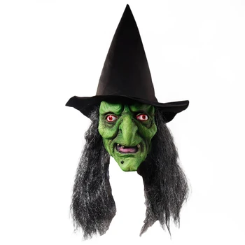 Régi boszorkány cosplay zöld arc Halloween zöld arc fekete haj és kalap készlet Halloween ijesztő horror jelmez party kellékek cosplayhez