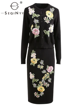 SEQINYY Fekete szett Tavasz Ősz Új divattervezés Női kifutópálya High Street Jacket + Vékony szoknya Kötés Hímzés Virág